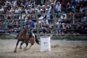 Action-packed rodeo scene with an equestrian rider in front of an engaged crowd.