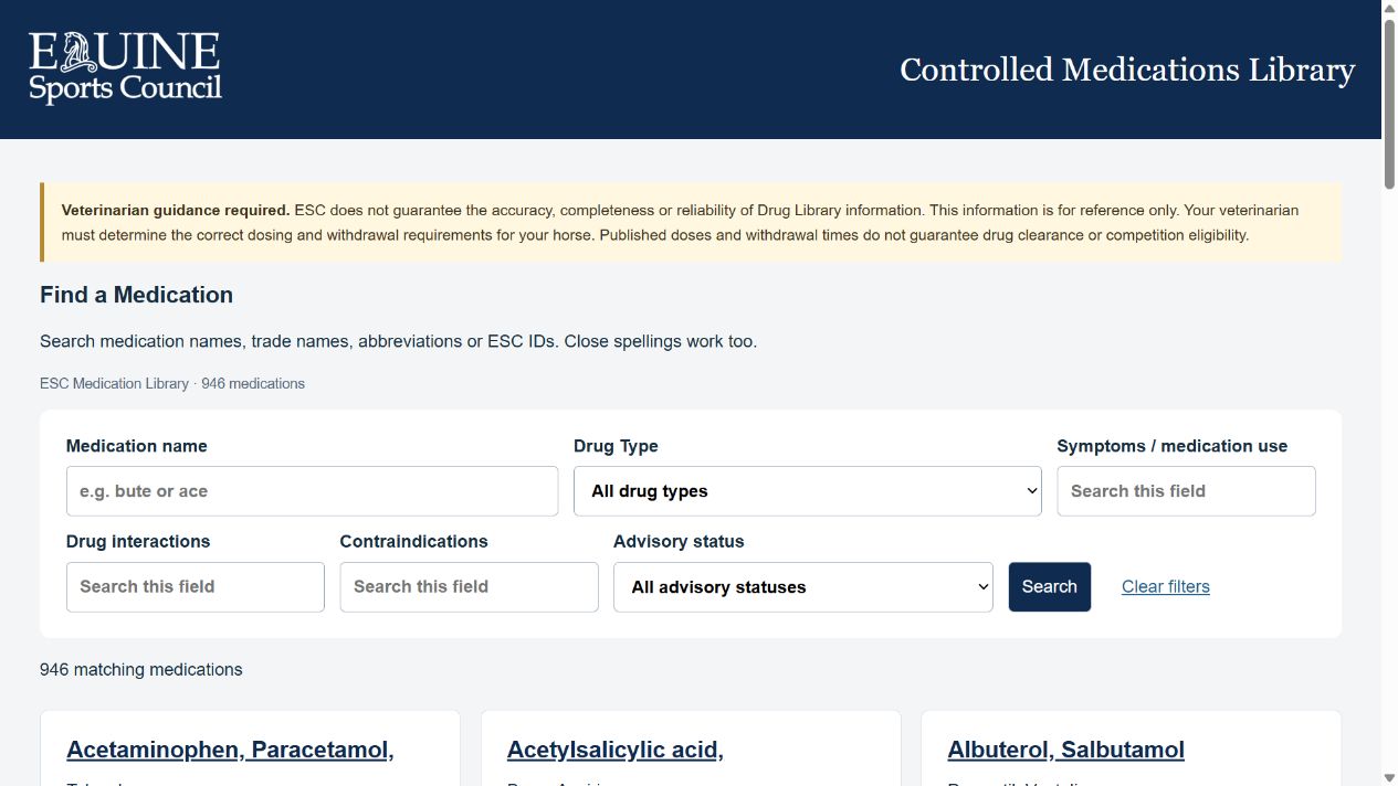 ESC Medication Library search screen showing medication name, drug type, interactions and contraindication filters