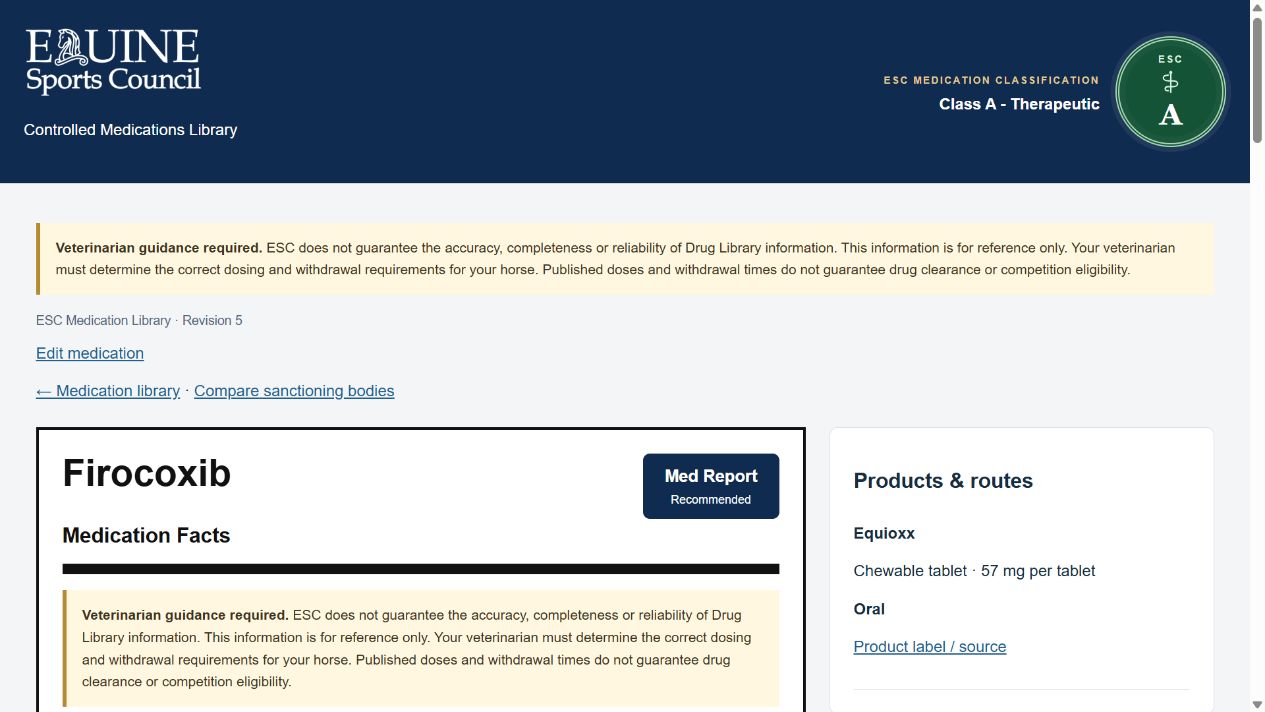 ESC firocoxib medication record showing Medication Facts and Products and routes