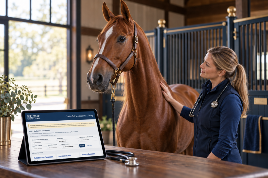 Illustration of a veterinarian with a chestnut horse beside a tablet displaying the ESC Medication Library.