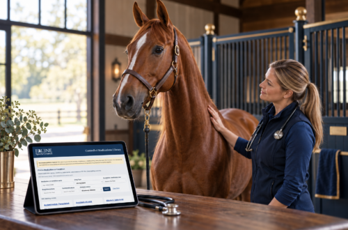 Illustration of a veterinarian with a chestnut horse beside a tablet displaying the ESC Medication Library.