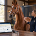 Illustration of a veterinarian with a chestnut horse beside a tablet displaying the ESC Medication Library.